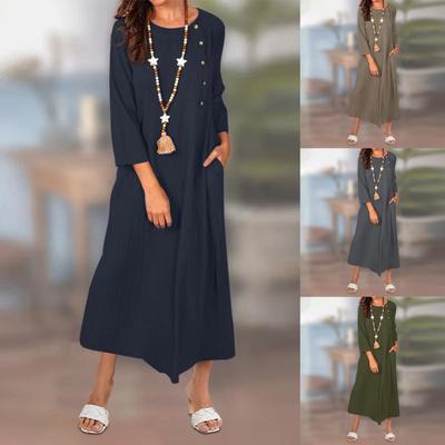 Women's Fashion Solid Color Round Neck Button Pocket Long Sleeve Vintage Cotton Linen Long Dress
