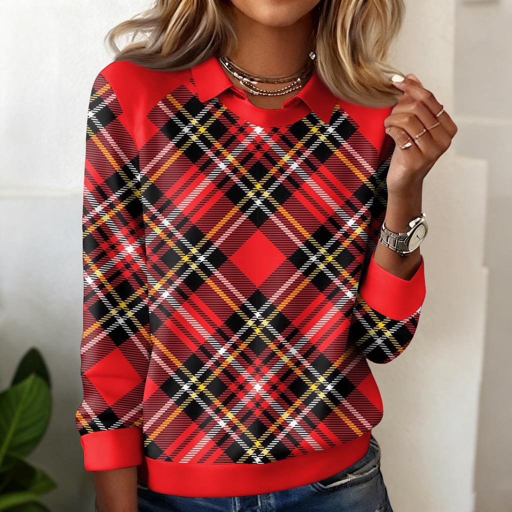 Damen Karomuster Bedrucktes Lässiges Langarm-Sweatshirt-Top