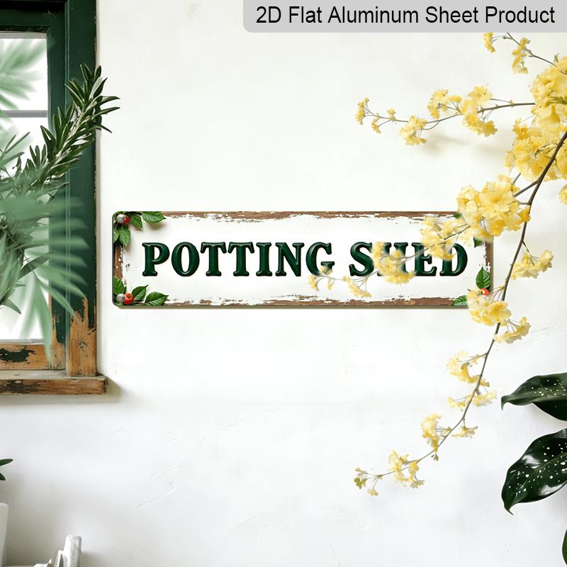 2D Flat, 1pc, 3.94 X 15.74 Inches Aluminum Decorative Sign - Vintage-Style Potting Shed Sign, Featuring A Rustic Green and White Decorative Plaque