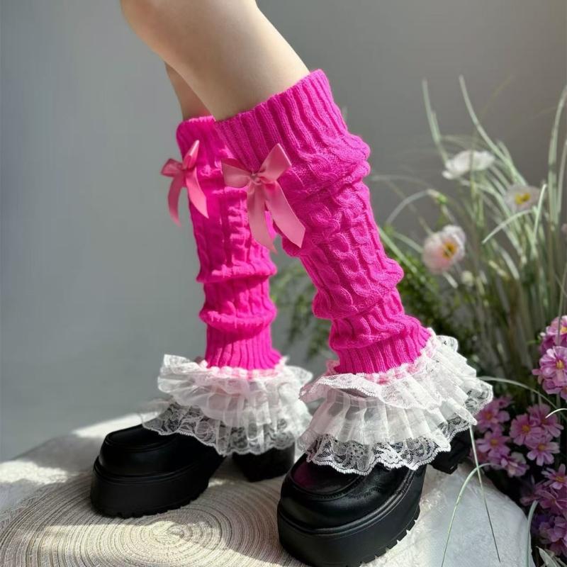 Cable Knit Leg Warmers Boot Cuffs with Bowknot Decorated Sweet Tiered Ruffled Lace Trim Leg Covers Calf Socks for Women