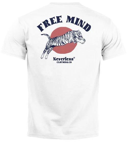 

Mens Back Print Tiger Motif Font Statement Free Mind Graphic 100% Cotton T-shirt Mens Tees Top- L