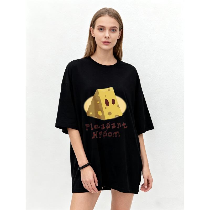 Oversized T Shirt Black Cheese Slice Print Pleasant Hifom Text Casual Wear for Women Summer Streetwear Fashion Top