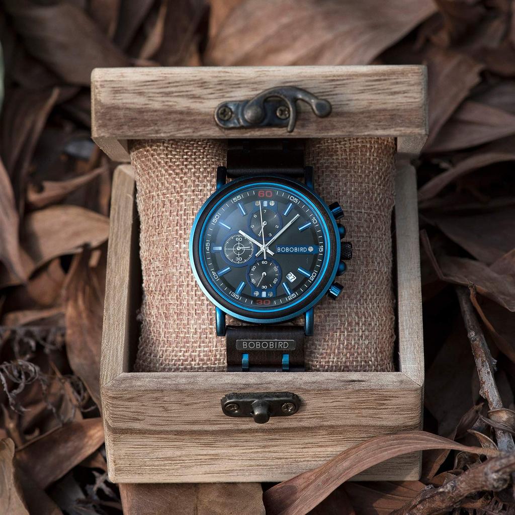 BOBO BIRD S18-6 Men's Wooden Watch, Japanese Quartz Chronograph, Luminous, Wooden Gift Box, Blue