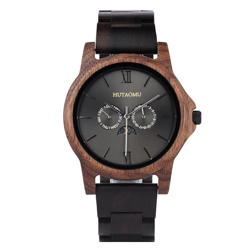 Used [New] HUTAOMU Men s Watch, Men s Wooden Watch, Ebony Watch Band Walnut Watch, Handmade Light Casual Minimalist Watch with Moon Phase Function 0