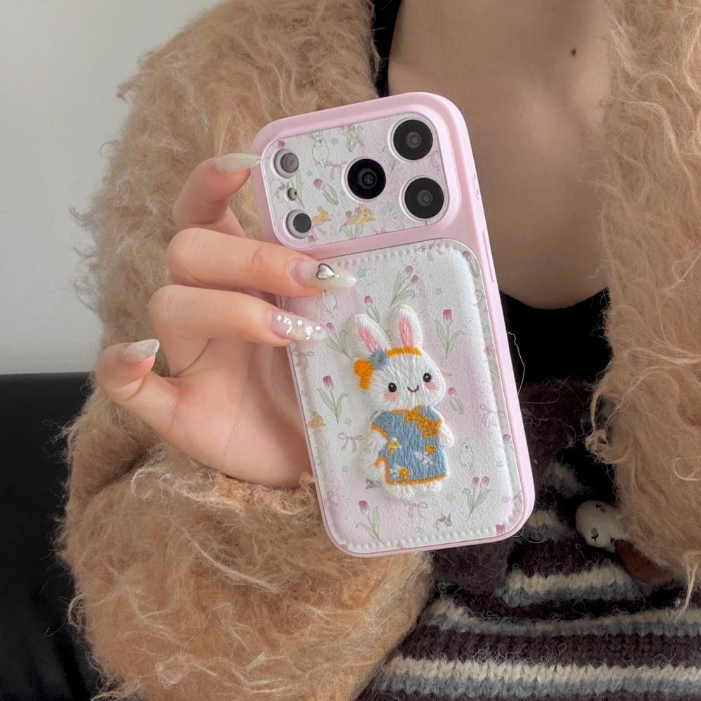 ins cute tulip embroidery rabbit for iphone17ProMax Apple 17 mobile phone case 16 new 15pro cartoon 14 creative 13 women's 16promax silicone anti-drop