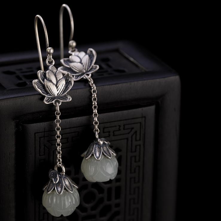 Original Natural Hetian White Jade Lotus Long Earrings Chinese Retro Light Luxury Charm Women'S   Jewelry