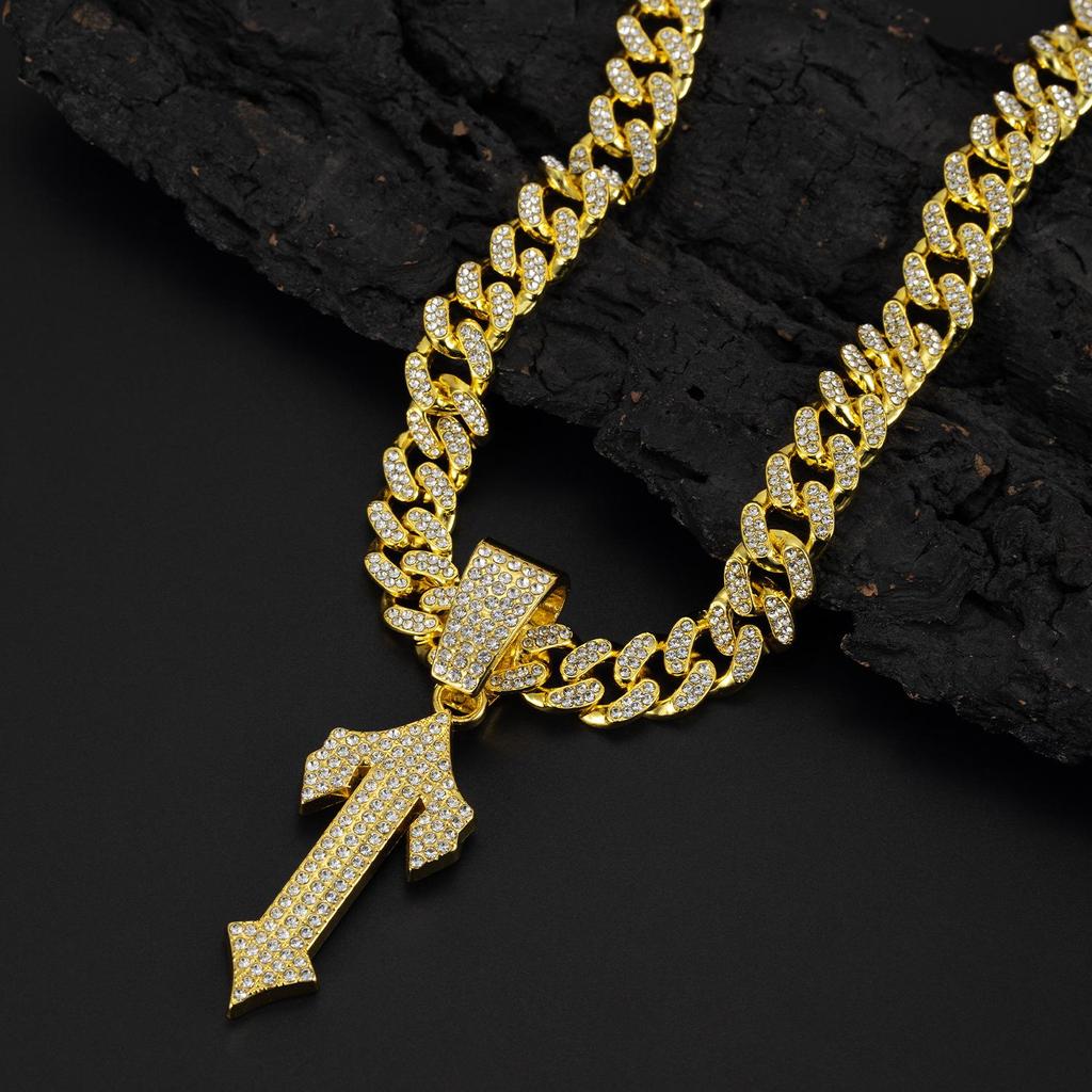 European-American Hip-Hop Style Cuban Necklace with Large Sword Alloy Full Diamond Pendant Trendy Men's Jewelry