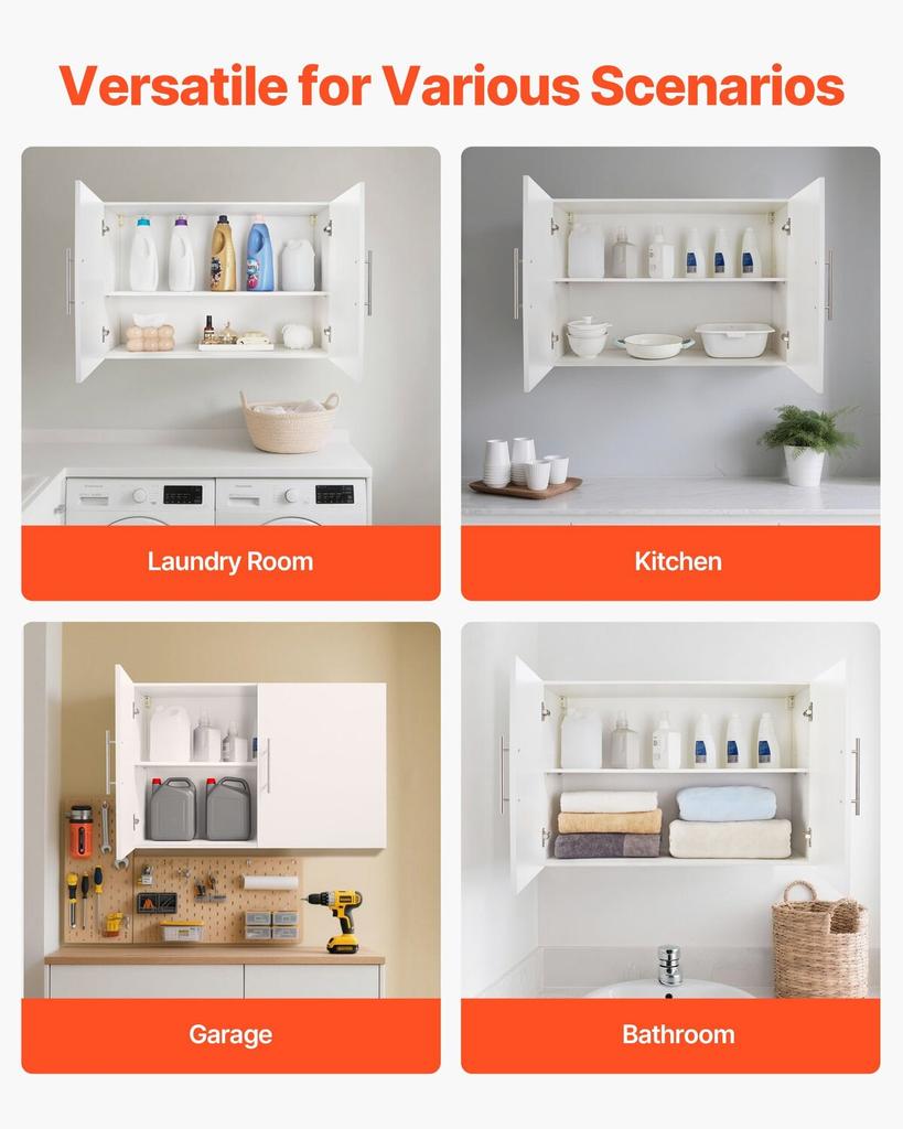 Laundry Room Wall Cabinet, 2-Tier Wall Mounted Hanging Cabinet with Adjustable Shelf, Cupboard Storage with 2 Doors, for Kitchen, Bathroom, Laundry,