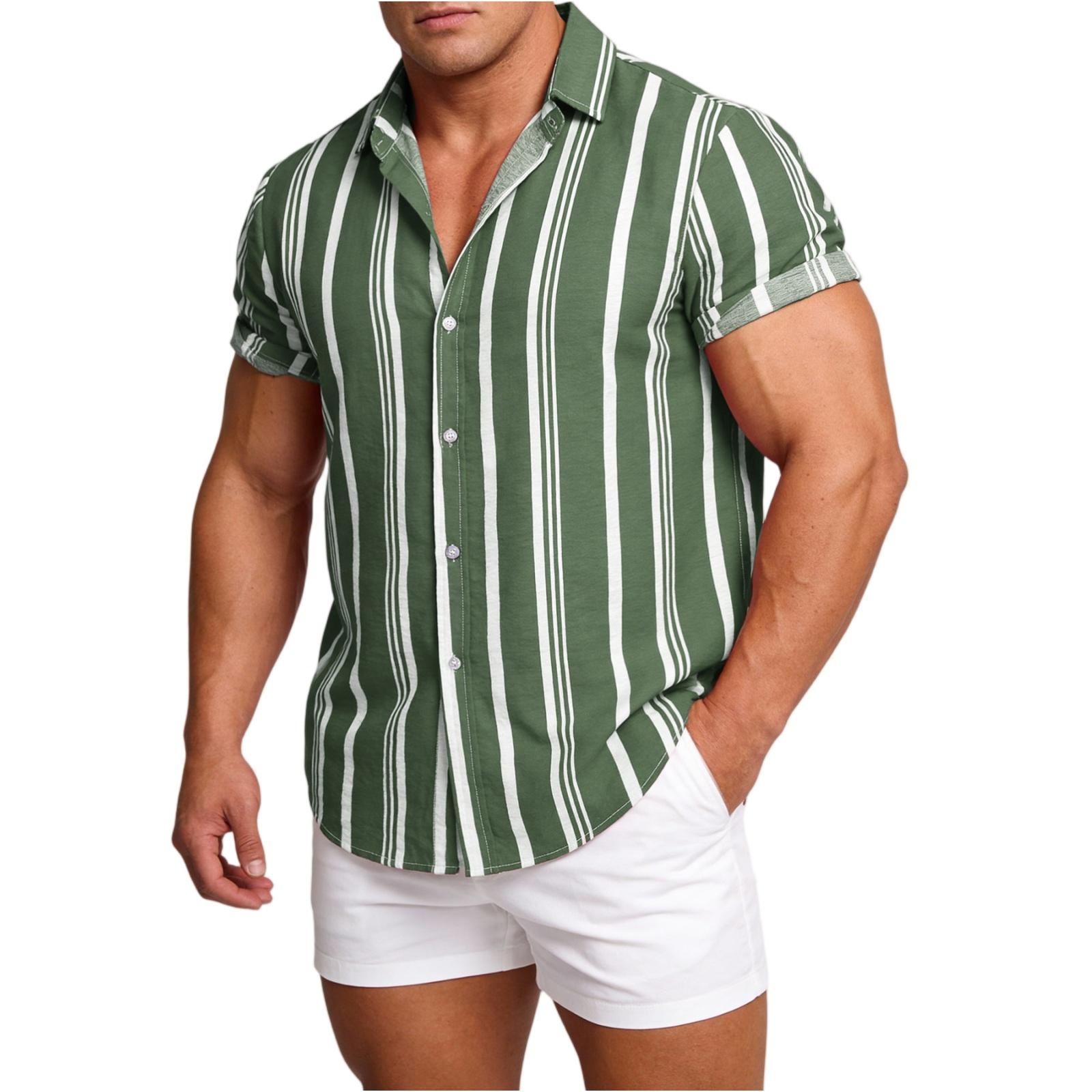Men s Casual Striped Print Short Sleeve Shirt Lightweight Breathable Button Down Collared Shirt for Vacation and XXL