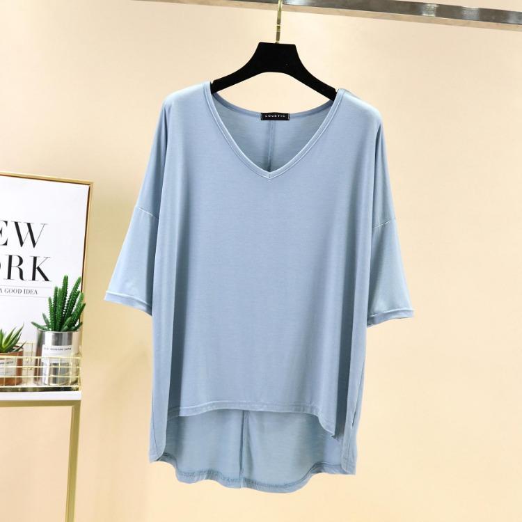 Women Casual Loose Fit Large Size Modal V Neck Half Sleeve High Low Hem Comfortable Summer T Shirt Top