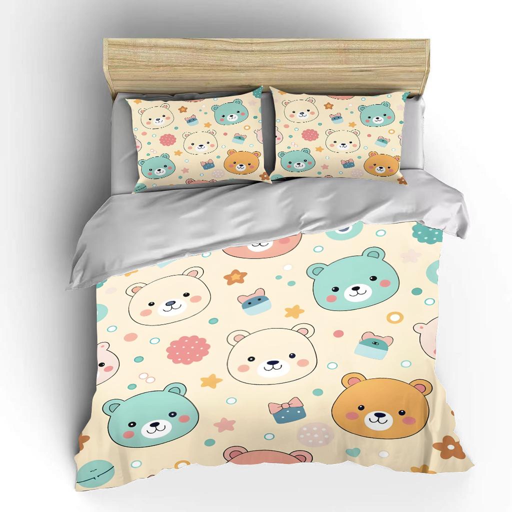 Cute bear cartoon pattern Bedding Set for Kids Luxury Gift 3pcs Digital Print Comforter Set Soft Comfortable Breathable