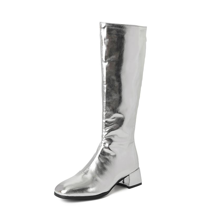 

ANNYMOLI Жіночі високі чоботи з квадратним носком і середніми підборами Чоботи Gogo на блискавці Металеві чоботи Жіноче модне взуття осінь-зима 39 срібний