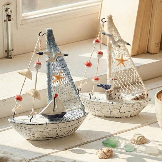 Nautical Wooden Sailboat Models Coastal Beach Style Blue White Ship Tabletop Figurine for Home Living Room Office Farmhouse Decor