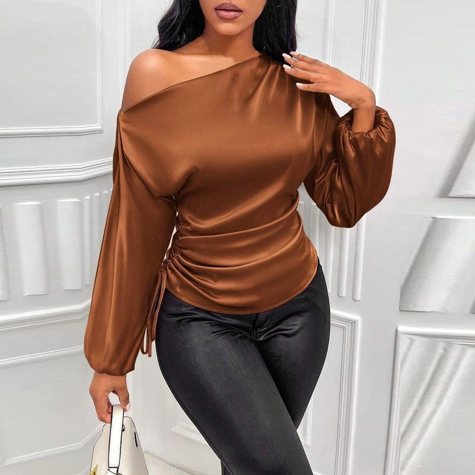 

Женская асимметричная рубашка с длинными рукавами и воротником S кофейный