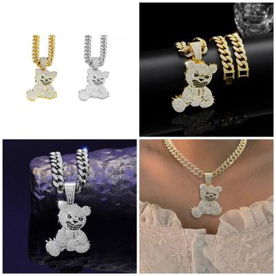 Colar Pingente Urso da Moda Banhado a Ouro/Prata Corrente Cubana Choker Strass Corrente Clavícula Acessórios