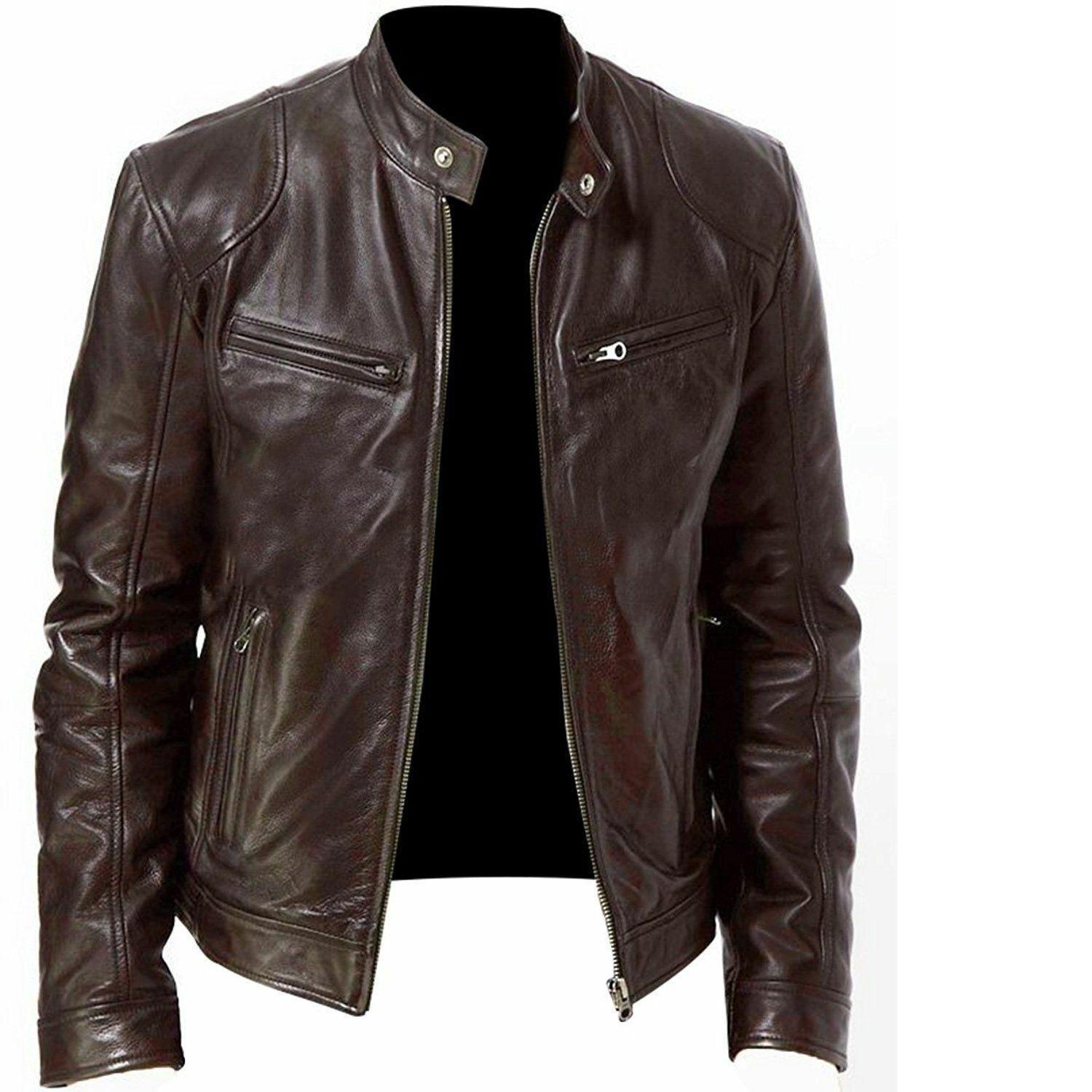 

Мужская мотоциклетная кожаная куртка, приталенная короткая куртка из искусственной кожи с лацканами, осенняя ветрозащитная кожаная куртка на молнии, мужская одежда S коричневый