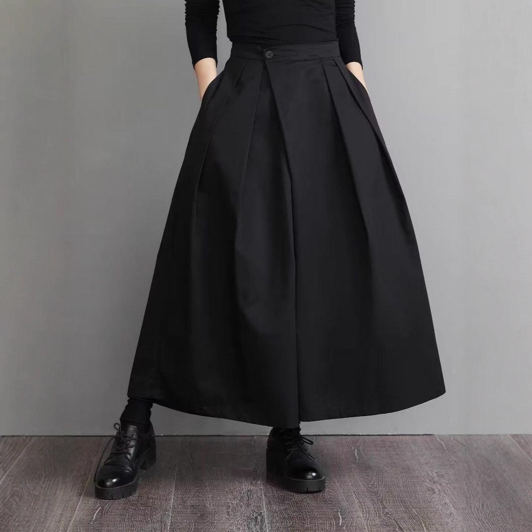 

Wide Leg Palazzo Pants with Front Slit and Pleated Detail, High Waist Trouser with Button M чёрный