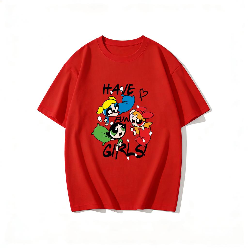 2026 Sommer Niedliche Powerpuff Girls Familien-Matching T-Shirts Cartoon-Druck Baumwoll-T-Shirts Lässige Kurzarm-Oberteile für Kinder und Erwachsene