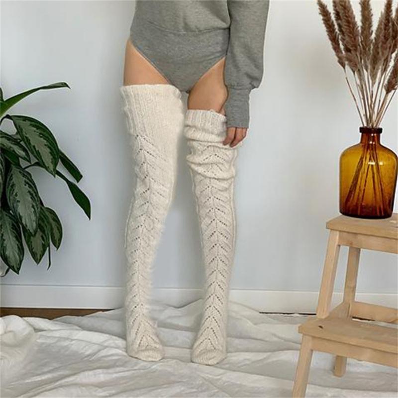 Hollowed Out Knitted Over Knee Long Socks for Women Winter Fall Thigh High Stockings Solid Color Thermal Long Leg Warmer