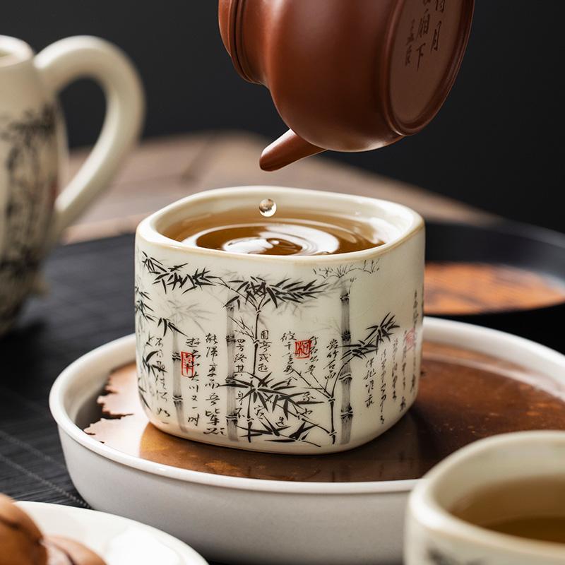 Taza de Té China de Bambú de 120 ml Cerámica Ru Yao Apertura Amarilla Hermosa Taza de Té Flores Vajilla Taza de Maestro Juego de Té KungFu