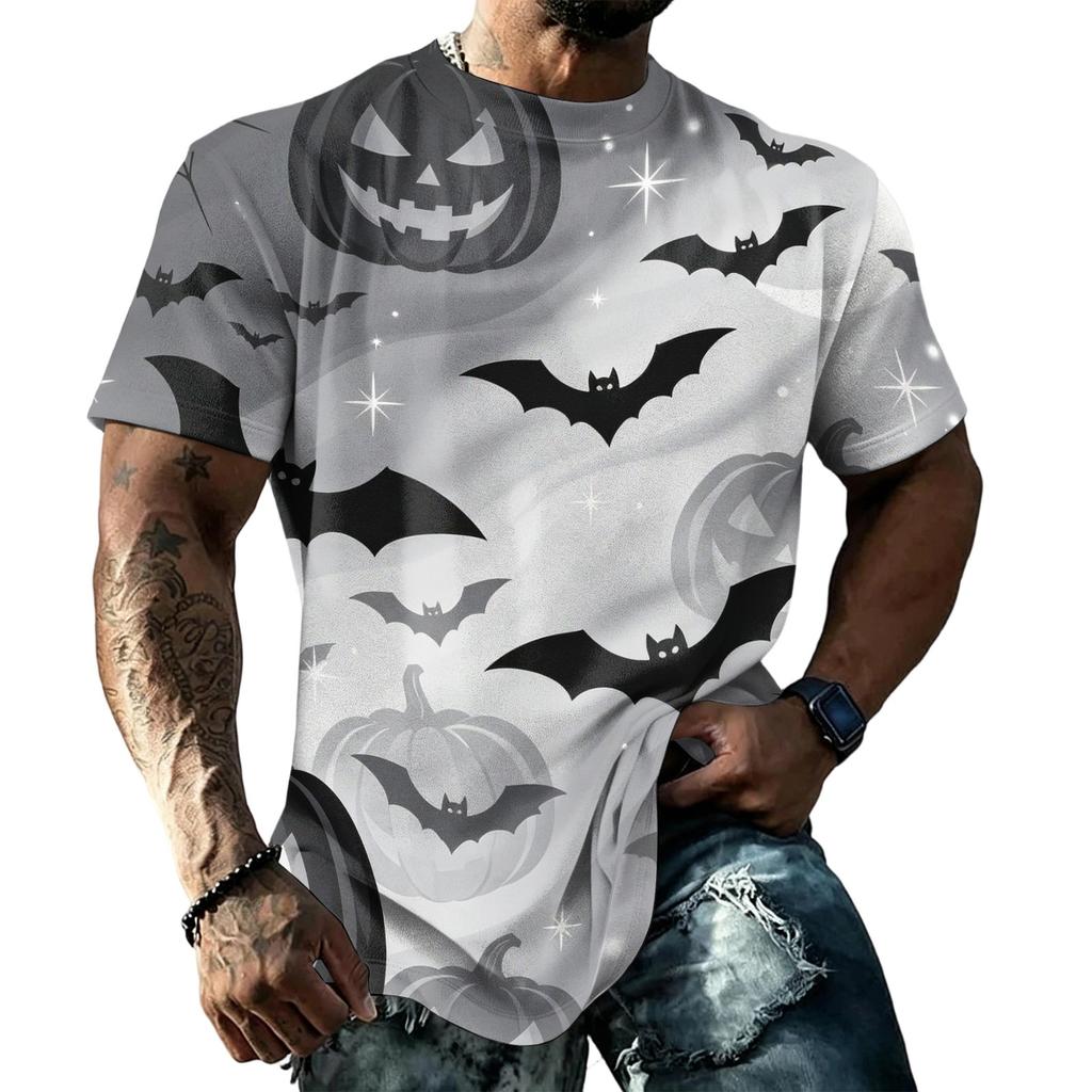 Men's Halloween Vintage Short Sleeve T Shirt Loose Breathable Summer Sports Street Casual Everyday Top with Pumpkin and Bat Print