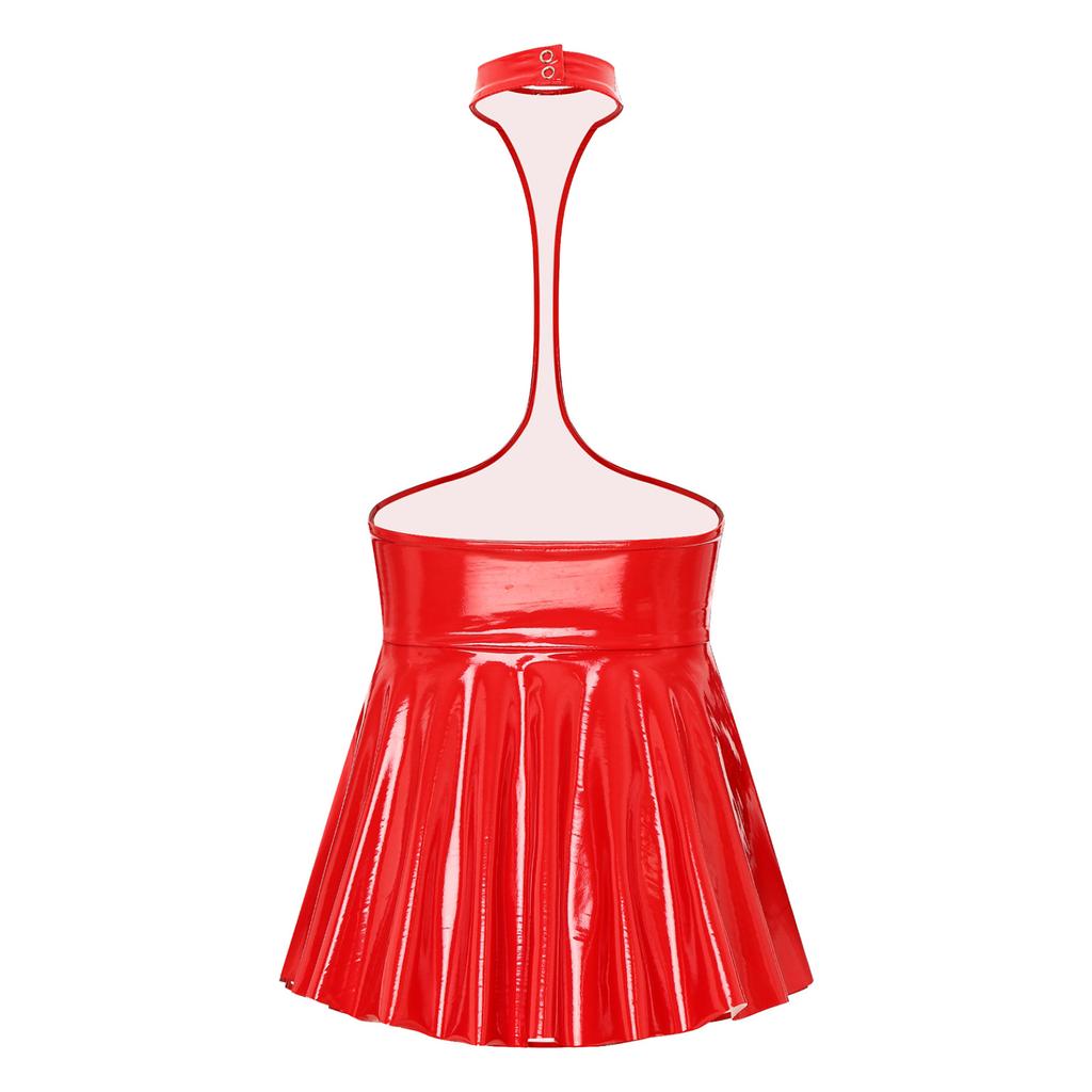 Women's Patent Leather Halter Neck Sexy Backless Bodycon Party MIni Dress Clubwear