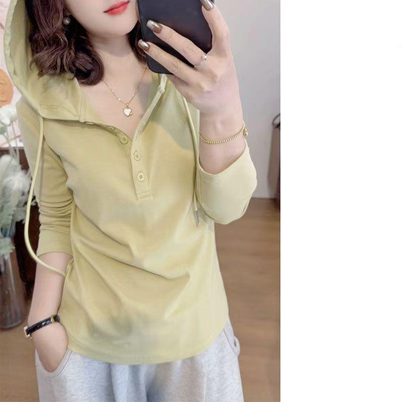 40s Pure Cotton Hooded Long Sleeve T-Shirt: 92% Cotton, 8% Spandex, Half-Open Collar, Casual Loose Slimming Design.