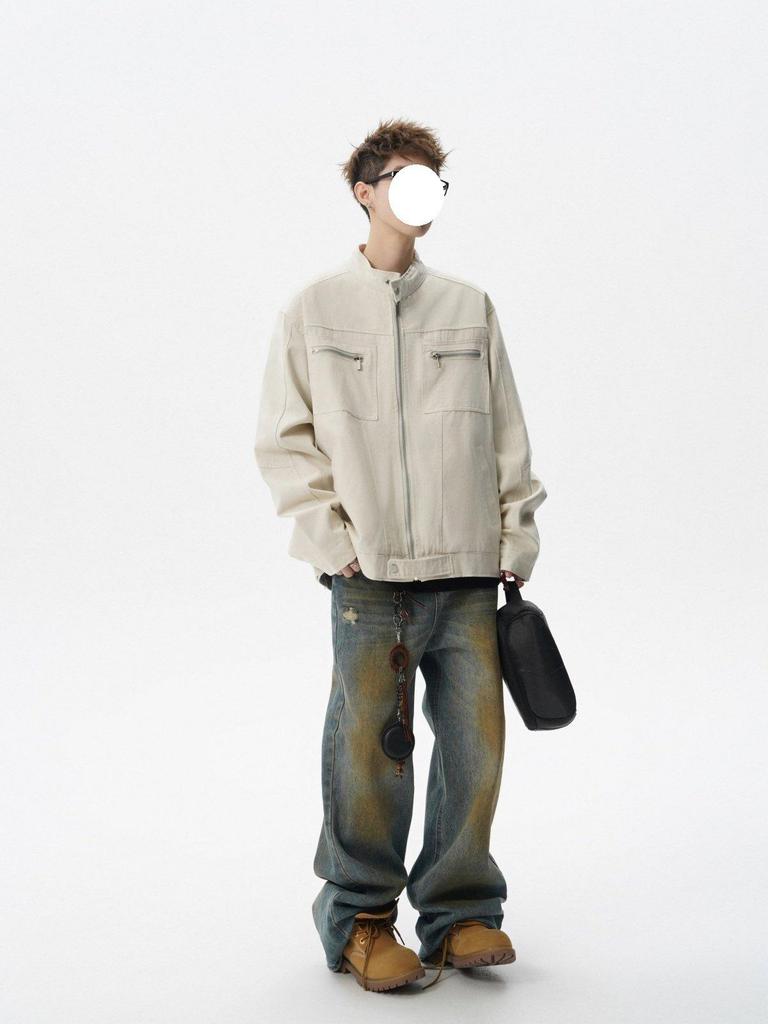 Men's Retro Canvas Patchwork Jacket - American Style Stand-Up Collar Casual Outerwear