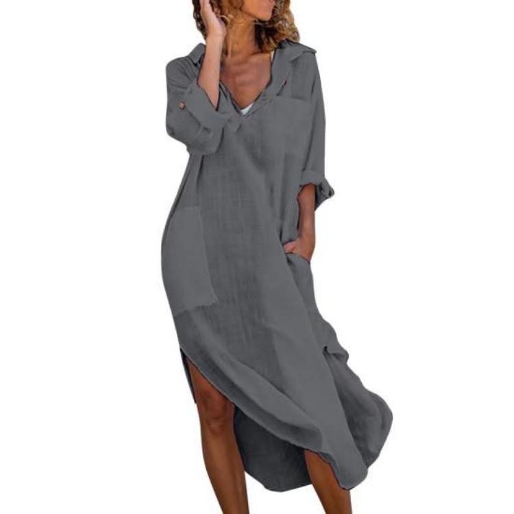 Summer Beach Dress Women Loose Fit V Neck Lapel Midi Dress Solid Color with Pockets Side Split Thin Holiday Shirt Dress