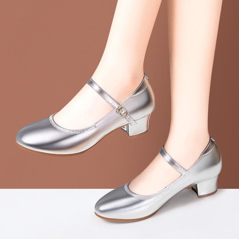 3.5cm 5.5cm Breathable Comfortable Shallow Soft Leather Shoes Mary Janes 2025 Spring Med Block Heels Shoes for Dance Office Mom