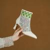 Krazing Pot Cow Skin Pointed Toe Summer Boots Fashion Air Mesh Bling Patch Appliques High Heels Embroidery Ankle Boots