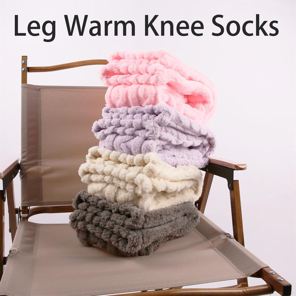 Thigh High Fuzzy Socks Solid Color Fleece Over Knee Long Stockings Cable Pattern Furry Home Sleeping Socks for Women