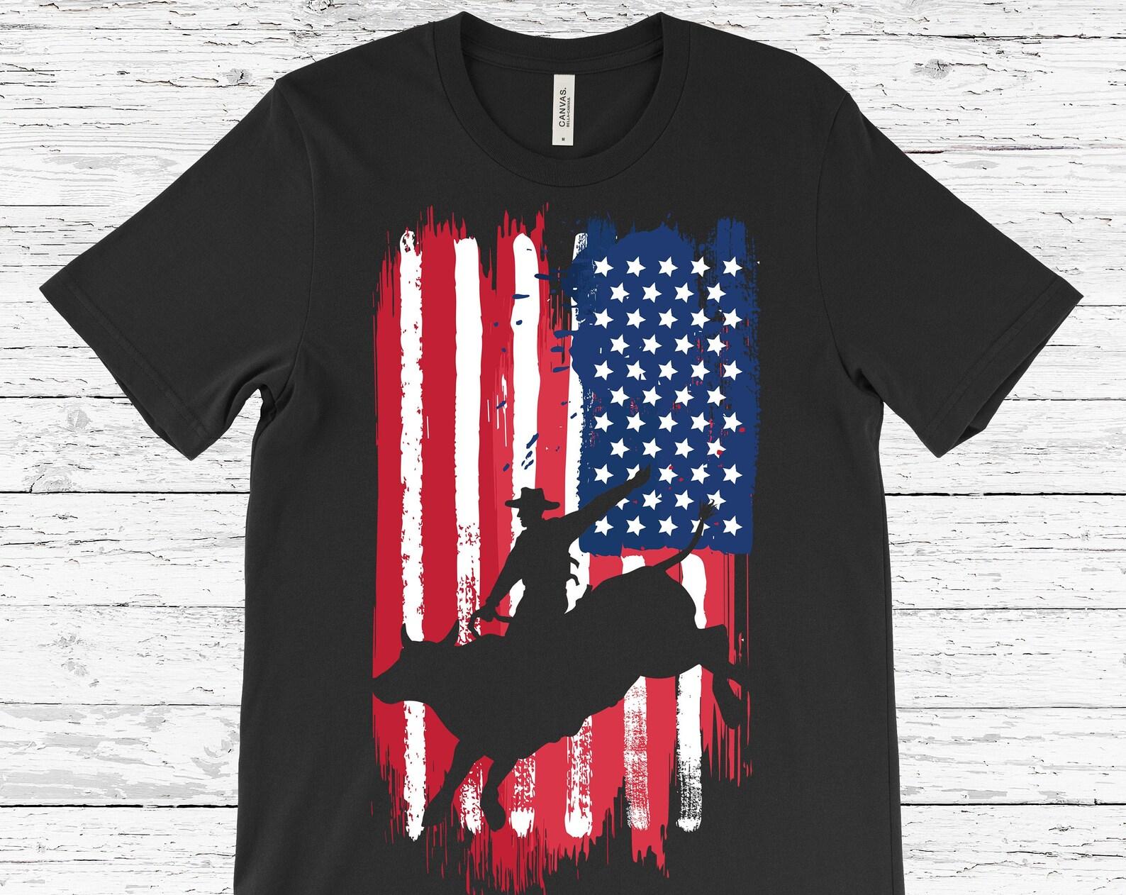 Western Bull Riding Rodeo Country American Flag 4th of July Patriotic Cowboy Vintage Retro Gifts T-Shirt Bull Rider Birthday Present Cowboys 120