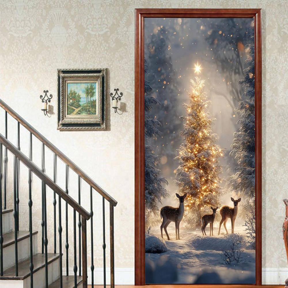 Christmas Tree PVC Self-Adhesive Waterproof Door Sticker Modern Simulation Door Mural Wallpaper Living Room Study Home Decor Art Door Poster