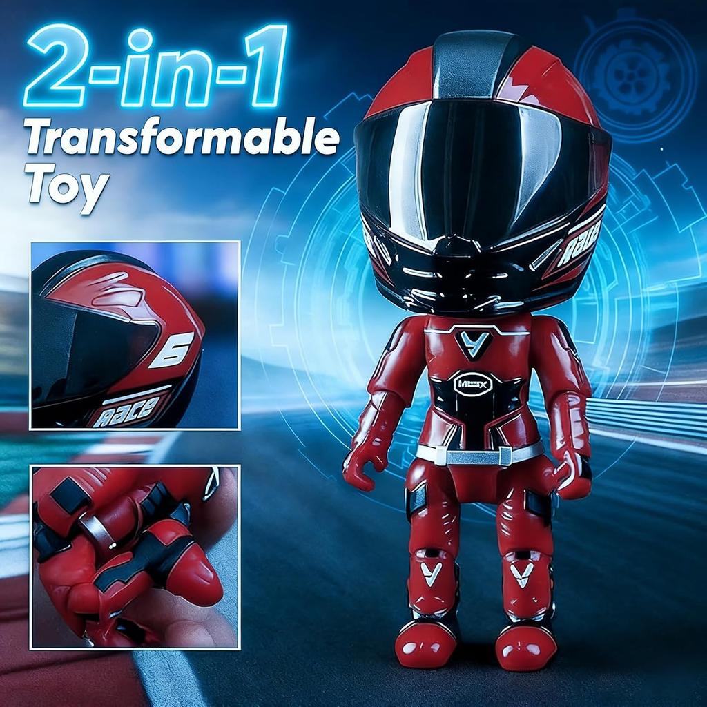Mini Moto Helmet Heroes Transforming Ornaments with Hidden Racers Inside, Motorcycle Helmet Action Figure with 360-Degree Articulated Joints