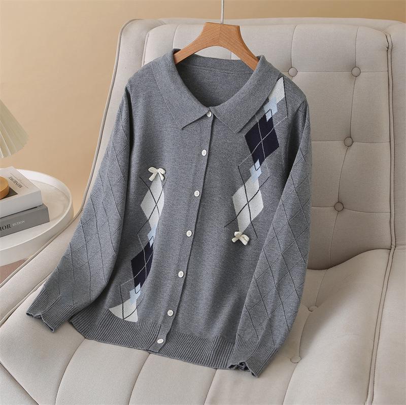 Women's Plus Size College Style Diamond Pattern Knitted Cardigan with Bowknot - Long Sleeve, Spring 2026 Collection.