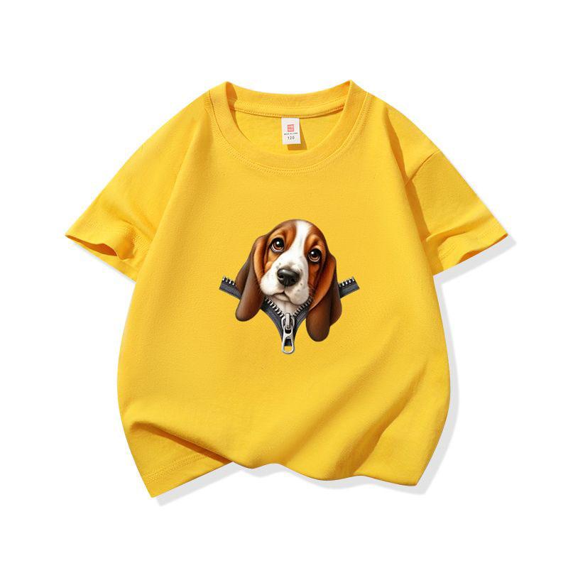 Kids Cotton T Shirt Cute Basset Hound Dog Zipper Print Crew Neck Short Sleeve Tee Casual Breathable Boys Girls Summer Tops