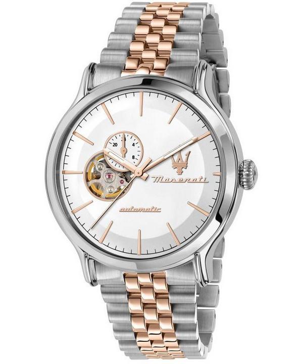 

Мужские часы Maserati Epoca Two Tone из нержавеющей стали с открытым сердцем, белый циферблат, автоматические R8823118008, 100 м белый