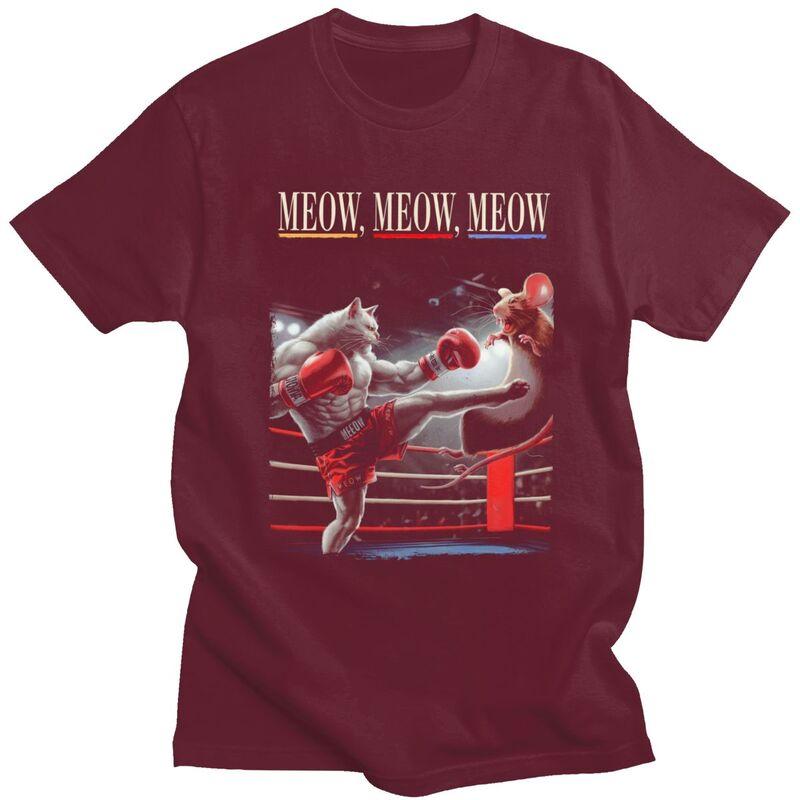 Meow Boxing Cat T Shirt for Men 100 Cotton Tshirts Streetwaer Short Sleeve Tee Shirt Loose Fit Clothing Gift