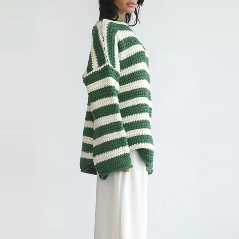 Kobiety Vintage Moda Luźny Casualowy Sweter w Paski Damski Jesienny z Długim Rękawem O-neck Kontrastowe Kolory Dzianinowe Pulowery