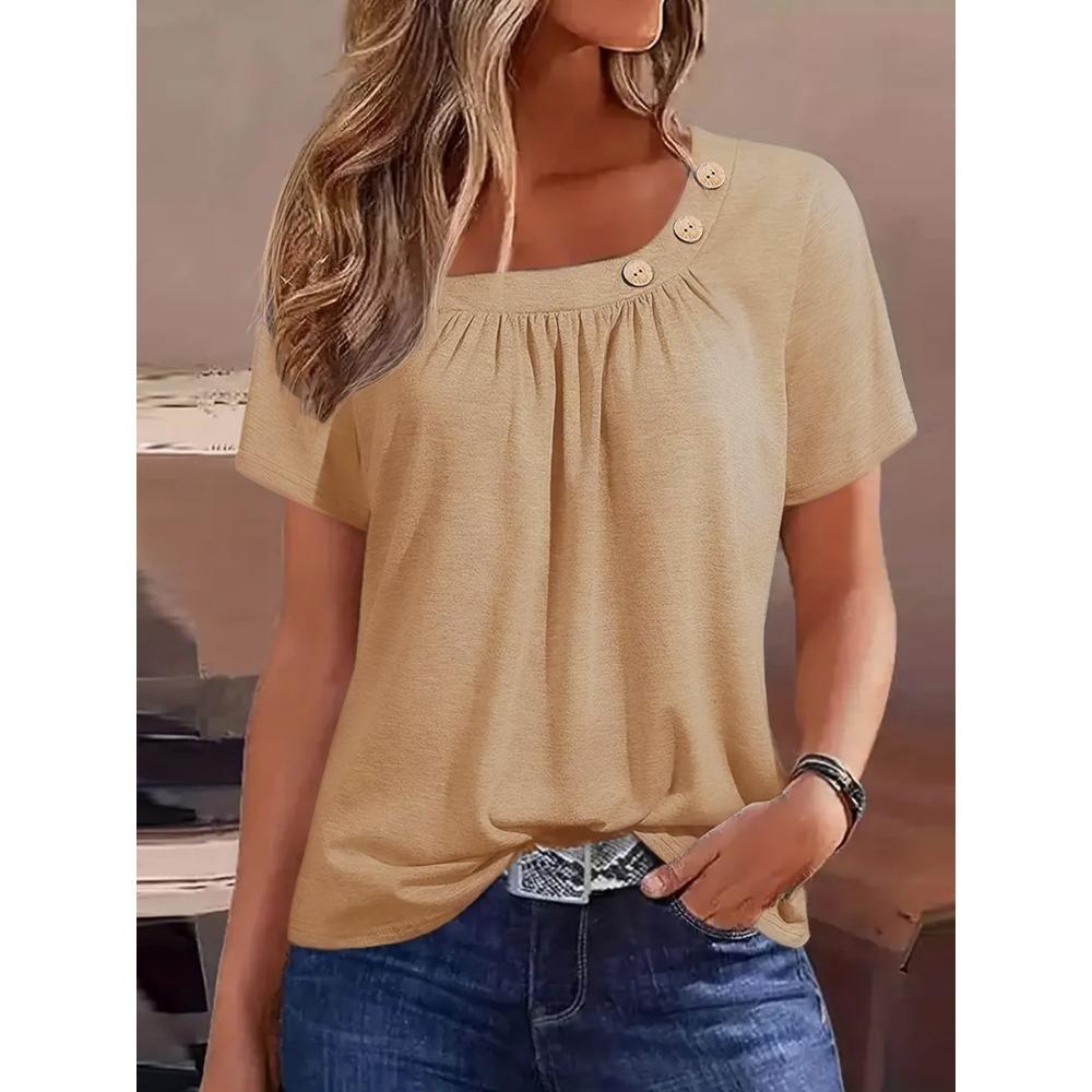 Fashionable Women's Short-sleeved Solid Color Three-button Top