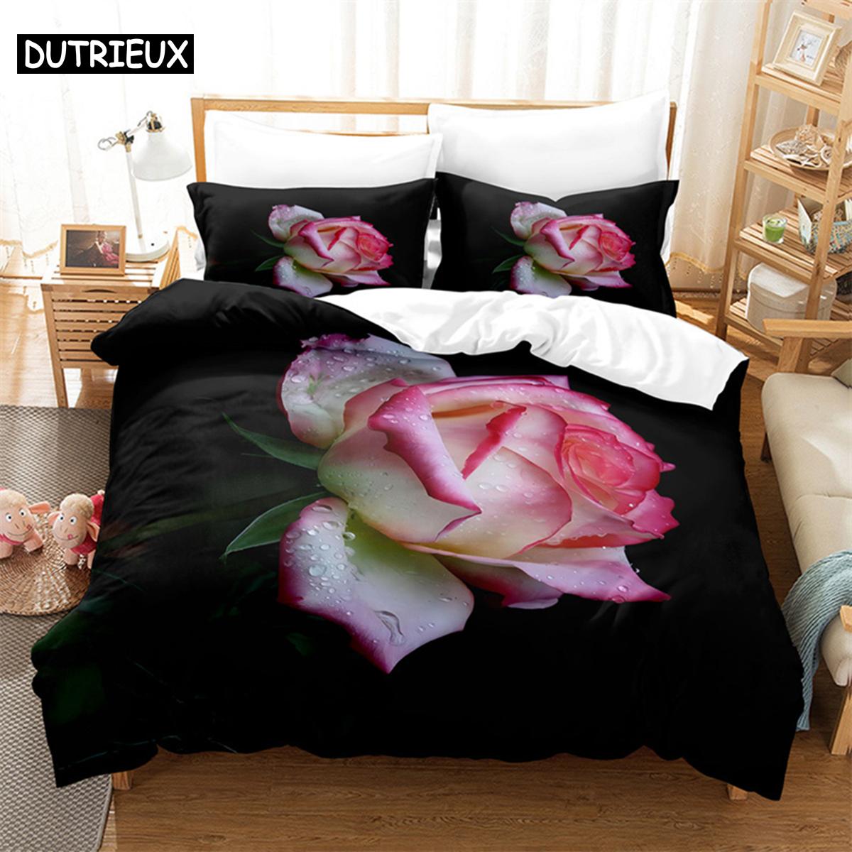 

Comforter Pink Rose Queen Bedding Set Green Leaf Bedding Digital Printing King Size Bedding Sets Comforter (quilt)-EU Single(135*200cm)3pcs
