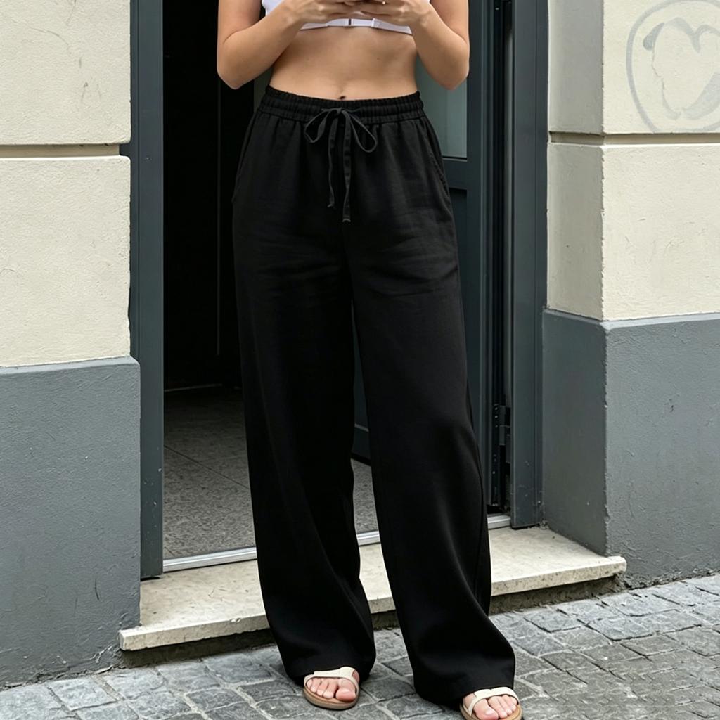 Pantaloni Casual da Donna a Vestibilità Larga Vita Elastica Coulisse Gamba Larga Taglio Dritto Tasche Comodi per l'Uso Quotidiano