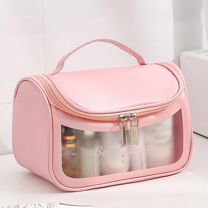 

Портативная косметичка, женская дорожная органайзер для хранения туалетных принадлежностей, женский водонепроницаемый набор для мытья из ПВХ, прозрачный чехол для макияжа на молнии розовый