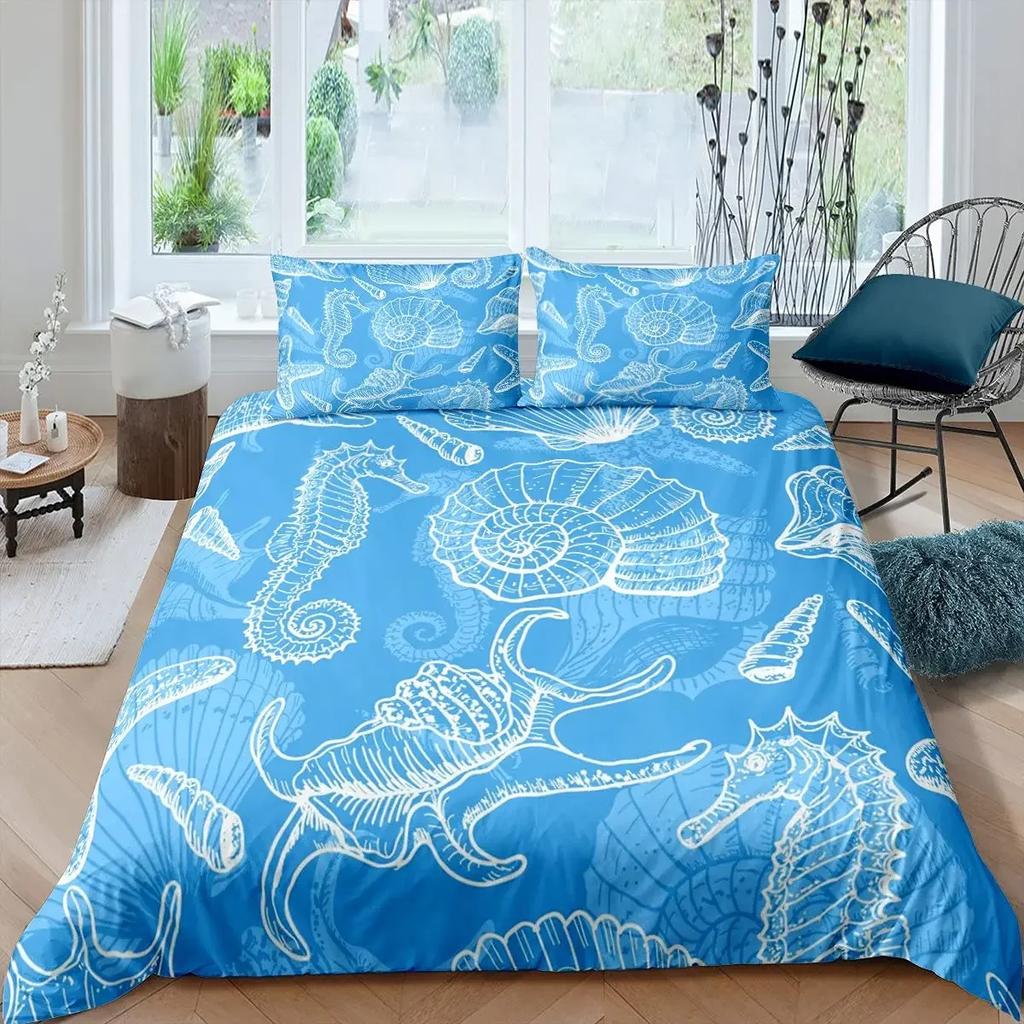 Ocean Animal Duvet Cover Set Coral Marine Life Home Textile Sea Urchin Soft Quilt Cover Cute Seahorse King Size Bedding