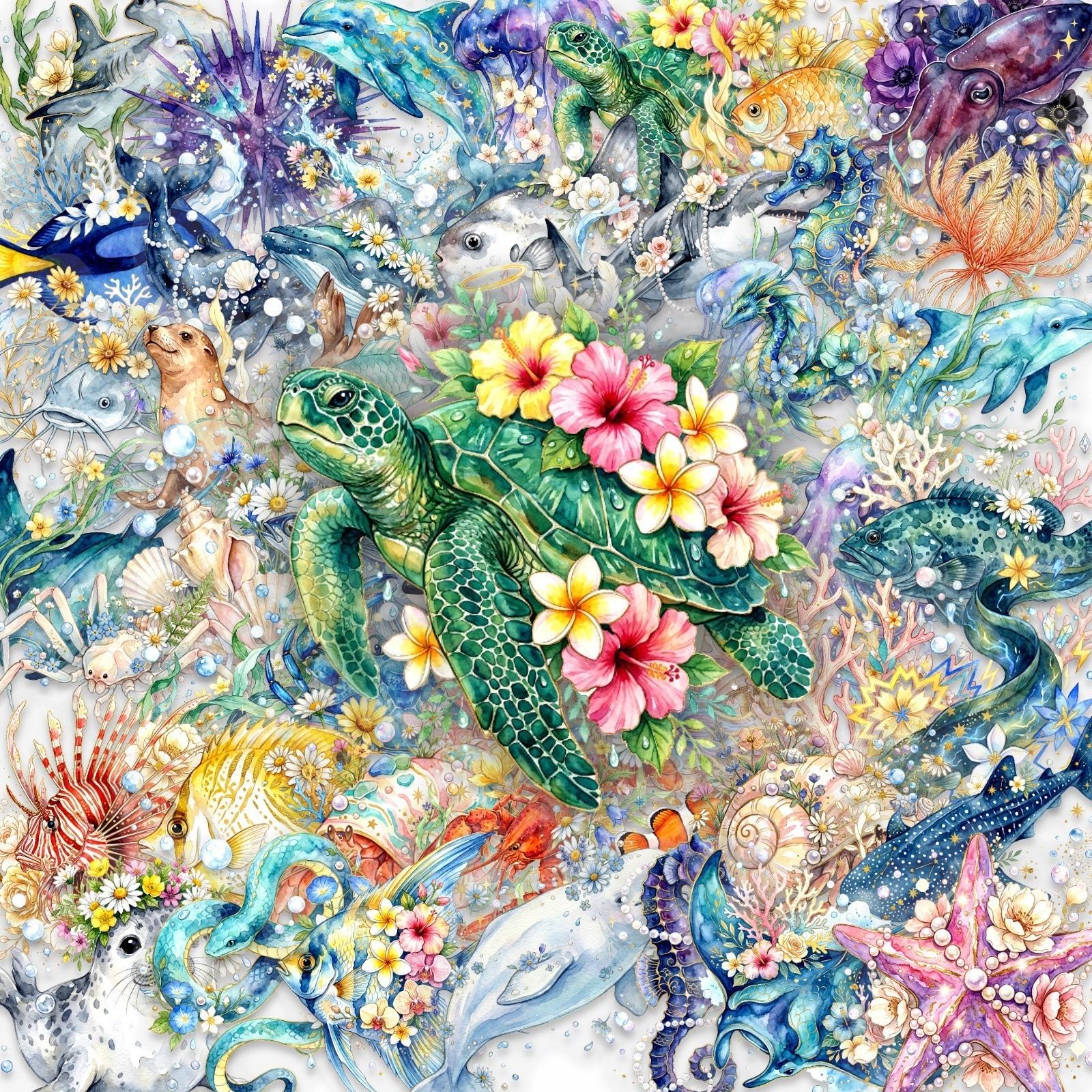 

50 Marine Life Watercolor Flower Stickers, Jellyfish Mobile Phone Case Waterproof Pet Transparent Stickers
