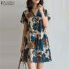 ZANZEA Women Casual V-Neck A-Line Short Sleeve Printed Dresses