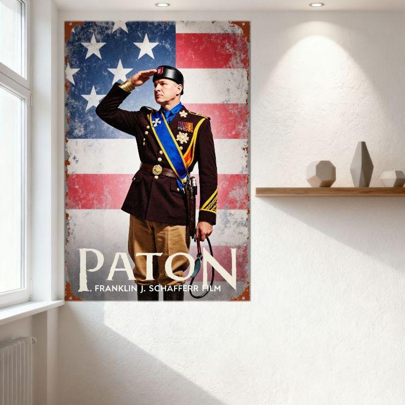 Vintage 'Patton' Movie Metal Tin Sign - Military Soldier Saluting American Flag, Medal Decorated Uniform, Sword & Rifle Decorati