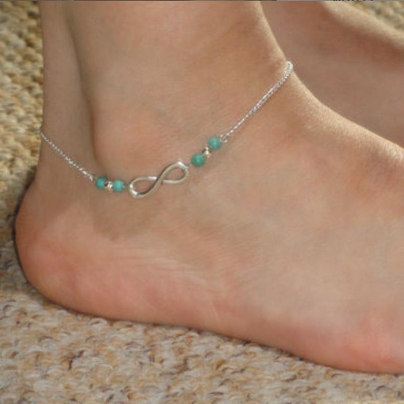 Summer Fashion Street Photography Women's Versatile Foot Accessories, Simple and Good Luck 8-character Turquoise Anklet