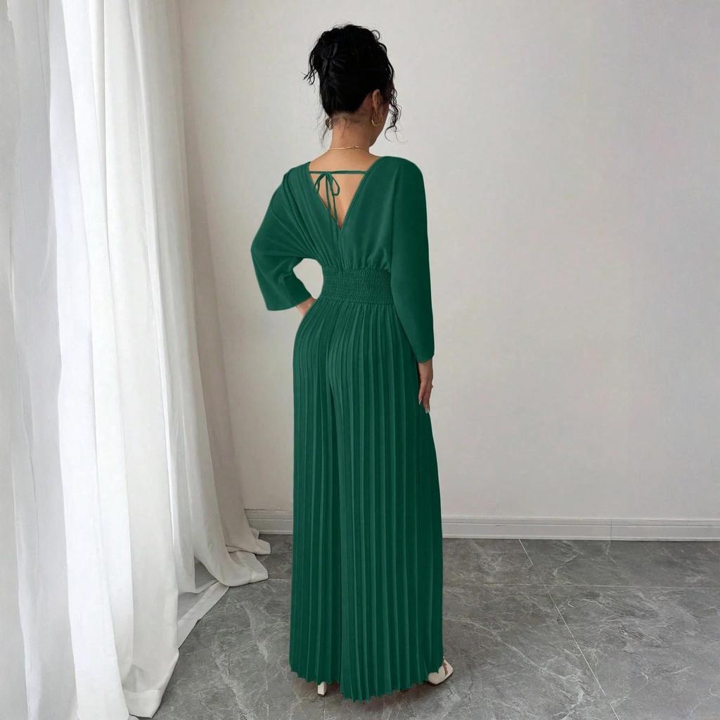 Damen Jumpsuit mit langen Ärmeln, Falten und weitem Bein, V-Ausschnitt und hoher Taille für elegante Alltagsmode